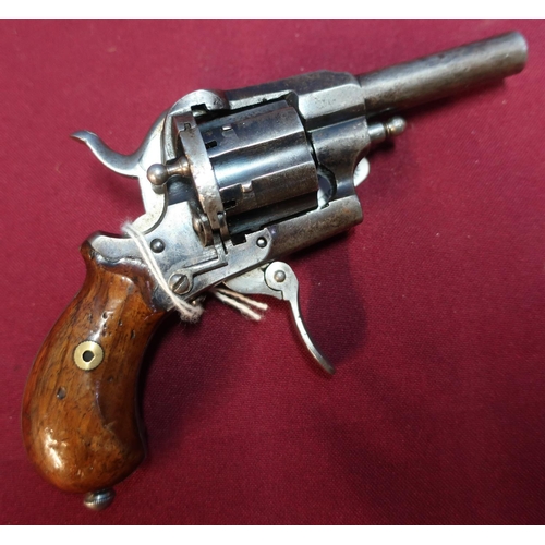 114 - Belgium pinfire 6 shot revolver, 2 1/2 inch barrel, Belgium proof marks, folding trigger and two pie... 