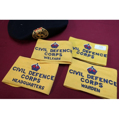 120 - Four Civil Defence Corps arm bands, including Warden, Headquarters and Welfare and a civil defence c... 