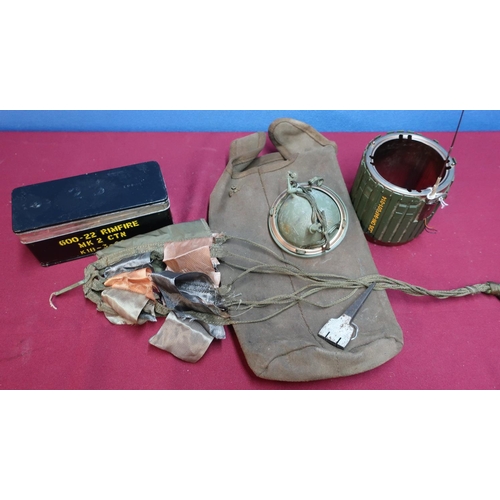 124 - Rimfire cartridge tin, inert parachute mine, and canvas webbing pouch