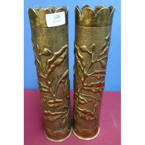 126 - Pair of WWI trench art shell casings, decorated with oak leaves and acorns (height 35cm)