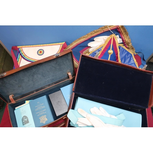 135 - Collection of various masonic regalia, including two tan leather cases, various masonic related book... 