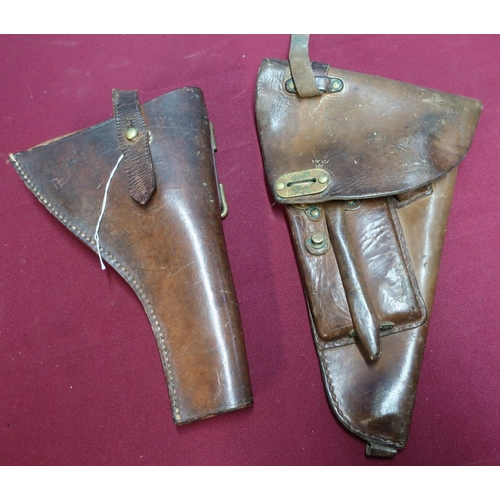 136 - Swedish leather pistol holster and a 1916 leather Webley service revolver holster marked NGR.1916 (2... 