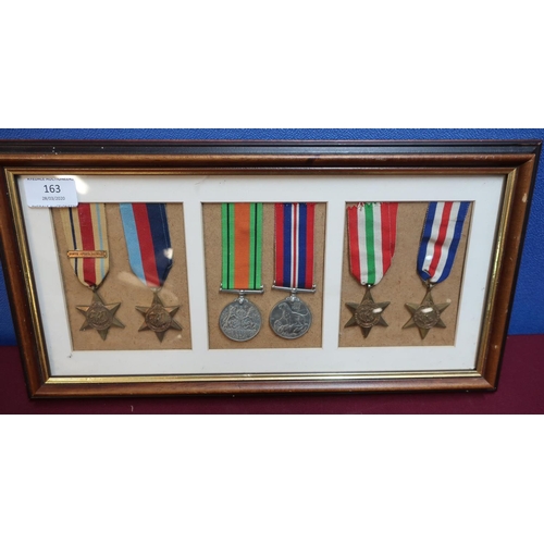 163 - Framed and mounted display of a group of 6 ww2 medals incl. 39-45 star, Africa star with North Afric... 