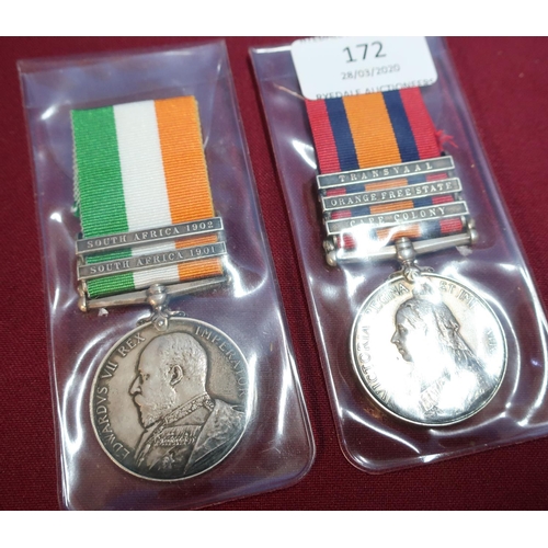 172 - Boer war pair of medals, comprising of Queen's South Africa medal with clasps for Transvaal, Orange ... 