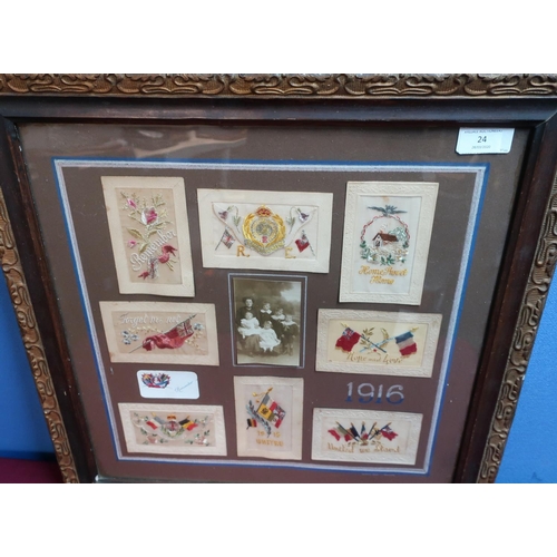 24 - Framed and mounted display of WWI embroidered postcards including 'United We Stand', '1915 United', ... 