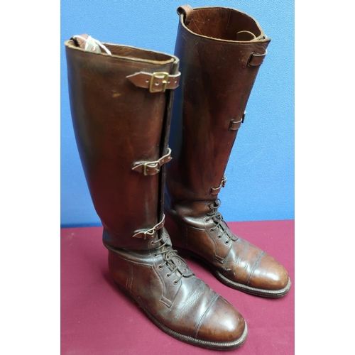 25 - Pair of early to mid 20th C tanned leather buckle and lace boots