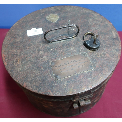 28 - Japped metal Hawkes & Co 14 Piccadilly London military hat box with brass plaque for Lieut.Col. F.J.... 