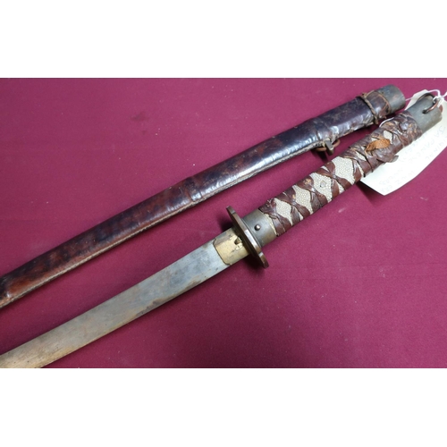 41 - Japanese samurai type sword with 26 inch blade with WWII brown leather covered pattern scabbard with... 