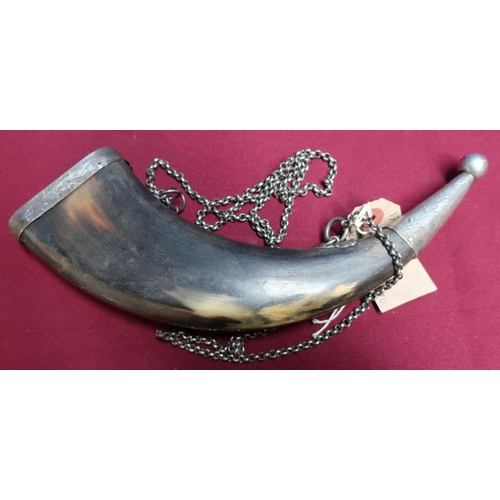 52 - 19th C Scottish style flattened cows horn powder flask with silver hallmarked mounts, lacking base p... 