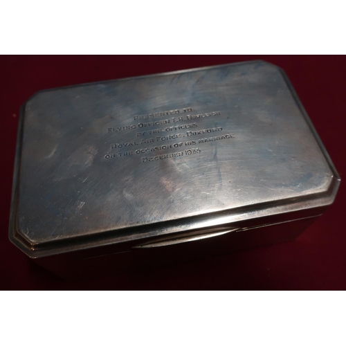 53 - Silver hallmarked presentation cigarette box (marks worn) inscribed 