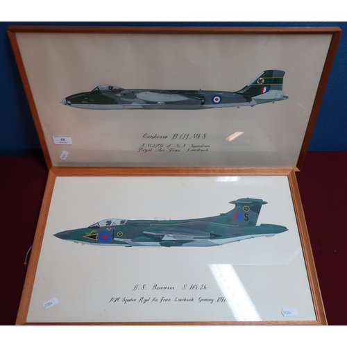 68 - Pair of framed paintings of military aircraft including a RAF Canberra and a RAF Buccaneer (2)