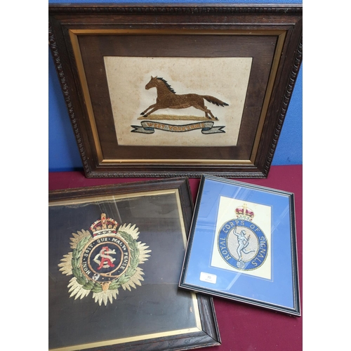 70 - Group of three framed and mounted embroidered regimental crests including Royal Corps of Signals, Ar... 