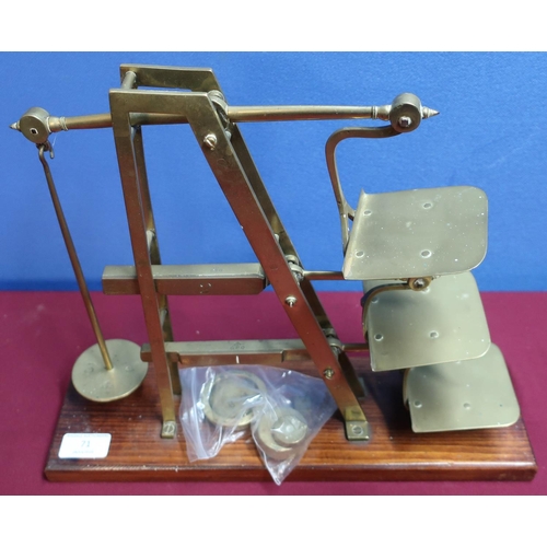 71 - Brass GPO broad arrow stamped, three bar graduating scales mounted on wooden plinth with small selec... 