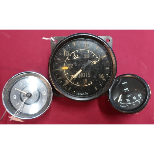 80 - Air Ministry cockpit air speed indicator, dashboard clock and oil pressure gauge (3)