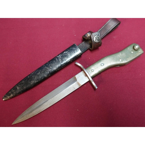 95 - Unusual Continental bayonet with 6 inch double edged blade, crosspiece and shaped steel grip complet... 