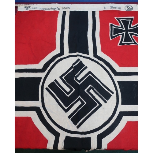 186 - Small Kriegsmarine flag marked with crowned eagle above swastika 1942, Berlin (56cm x 92cm)