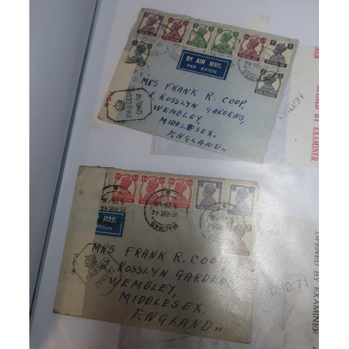 202 - Folder of various WWII period envelopes with various postage stamps, including Indian, various censo... 