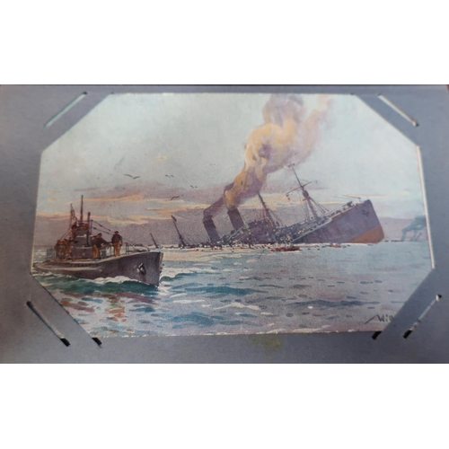 205 - WWI Kriegsmarine postcard album with large selection of various assorted black and white postcards i... 