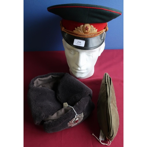 216 - Russian military peak officers cap, similar side cap and winter hat (3)