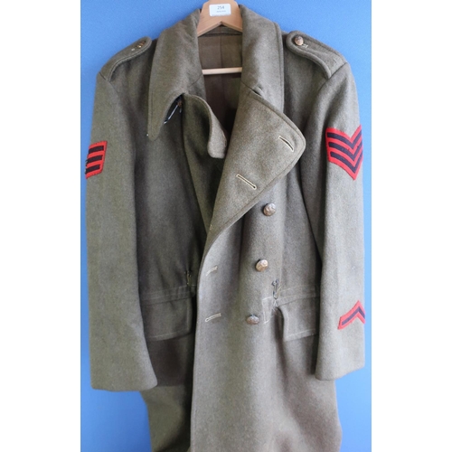 254 - c.WWII British Army overcoat with sergeants stripes, brass stripes and brass buttons