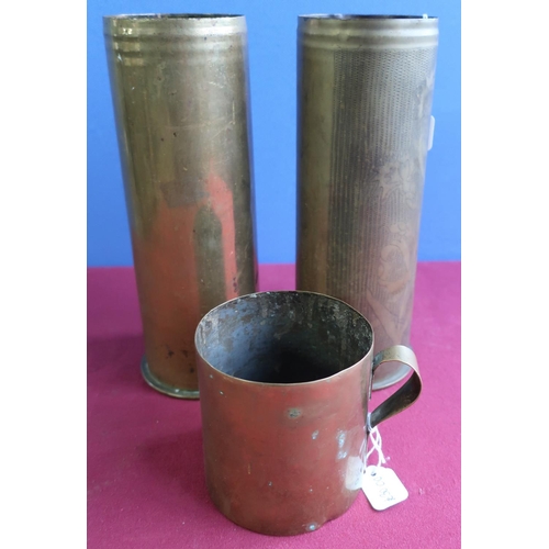 262 - Pair of French artillery shells, one with engraved trench art floral pattern detail dated 1917, the ... 