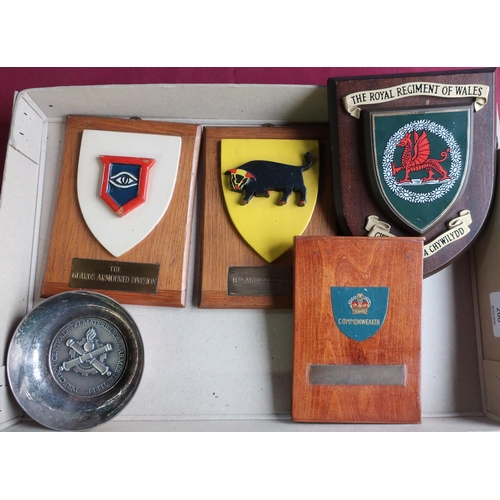 266 - Small selection of regimental plaques, armoured division plaques etc, including a French military wh... 