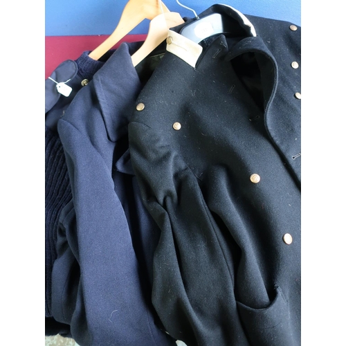 281 - Royal Navy great coat, woolly pully jumper and another naval seamans jacket with anchor and three st... 