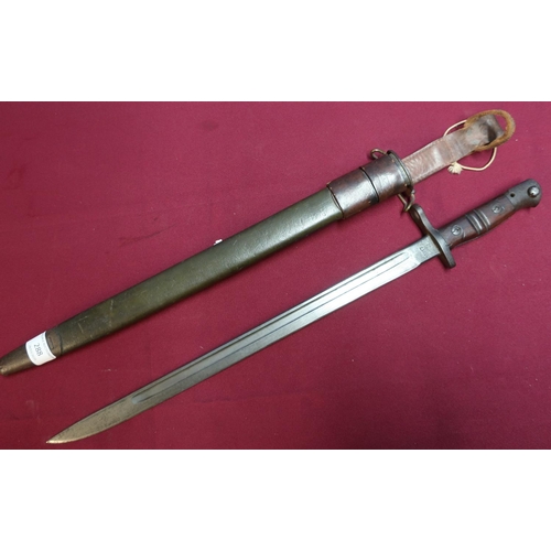 288 - US Remington 1917 bayonet with two piece wooden grips, complete with leather scabbard and frog