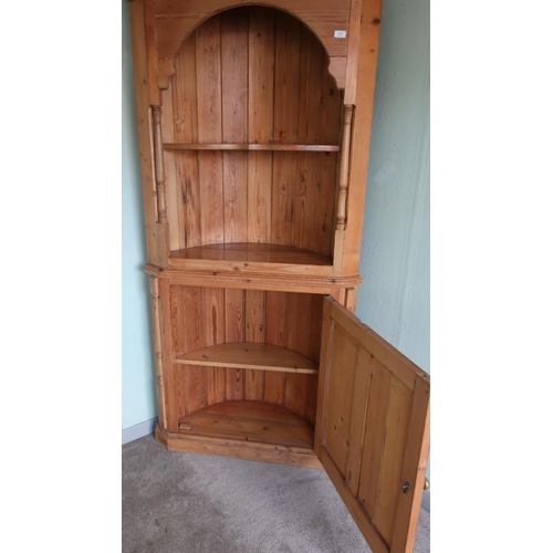68 - 19th C style pine barrel back corner unit, with two tier upper open section above two panelled cupbo... 