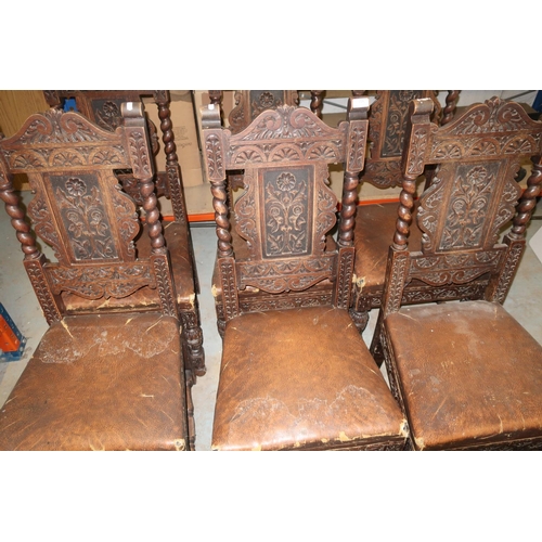 73 - Set of six carved oak dining chairs with upholstered seats and turned H shaped understretchers with ... 