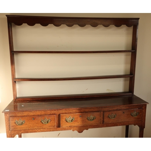 76 - 18th/19th C oak dresser with three tier removable raised back above three drawers to the base with p... 