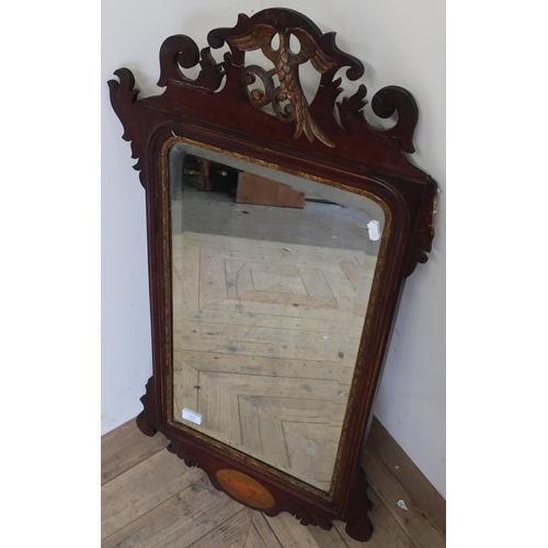 77 - Regency style mahogany framed wall mirror with carved and inlaid detail with a gilt figure of a bird... 