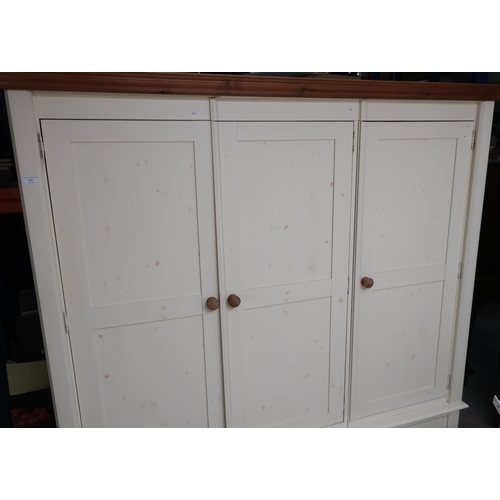 80 - Quality modern contemporary pine and cream painted triple door wardrobe with two drawers to the base... 