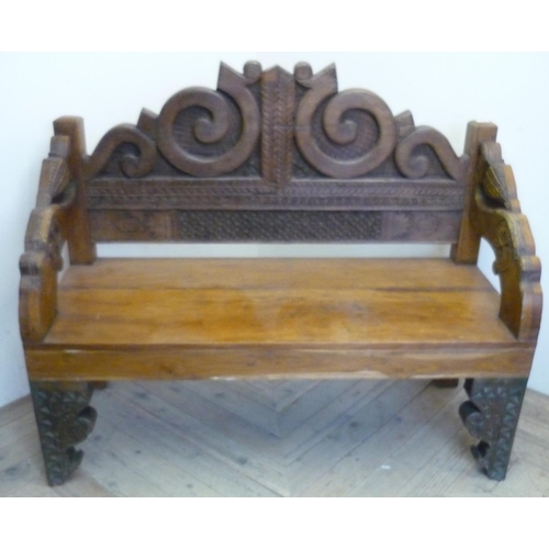 86 - Eastern style heavy carved hardwood hall bench with solid seat (width 130cm)