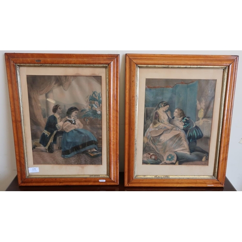 99 - Pair of maple framed 19th C coloured prints of a courting couple (39.5cm x 50cm including frames)