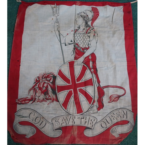 165b - Victorian banner (75 x 87 cm) silk screen printed onto cotton/linen 'God save the Queen' with Britan... 