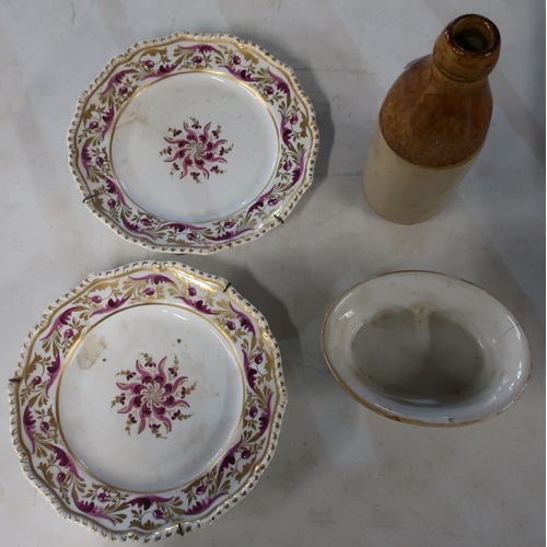 309 - Pair of Bloor Derby plates (one A/F), stoneware dish and a stoneware beer bottle