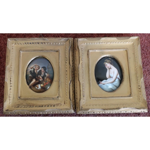 321 - Pair of gilt framed oval porcelain miniatures, one depicting semi nude lady, the other of boys and d... 