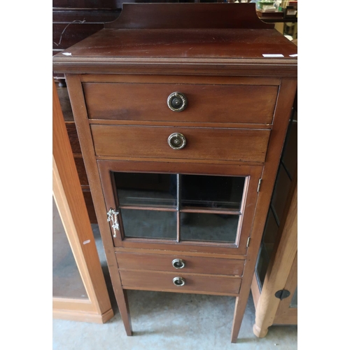 109 - Edwardian mahogany music cabinet with two fall front drawers above glazed cupboard door and two furt... 