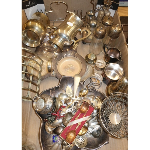 122 - Selection of various plated ware, souvenir spoons etc in one box