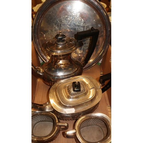 124 - Four piece silver plated tea set and circular silver plated tray