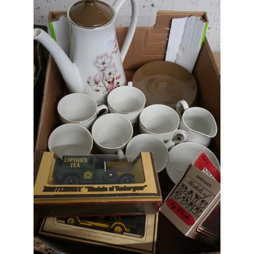138 - Six place coffee service, blue & white and other ceramics, Matchbox cars etc in two boxes