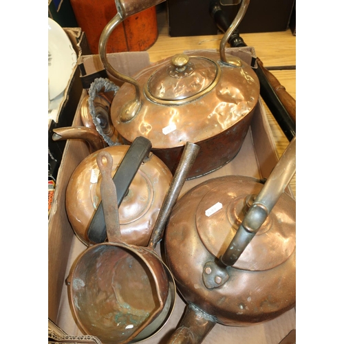 140 - Extremely large Victorian copper kettle, various other copper kettles, pans, bed-warming pans etc