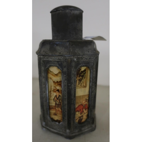 337 - Chinese metal and glazed panelled decorative tea caddy (height 18cm)
