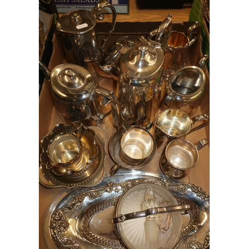 90 - Box containing a large quantity of various assorted silver plated ware, including part tea services,... 