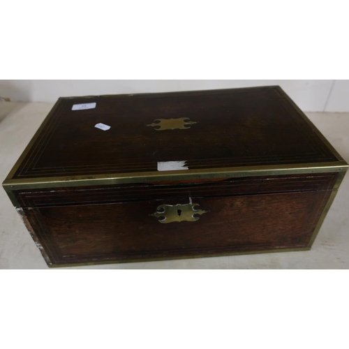 16 - 19th C rosewood brass inlaid travelling writing box with fitted interior and inset brass handles (40... 