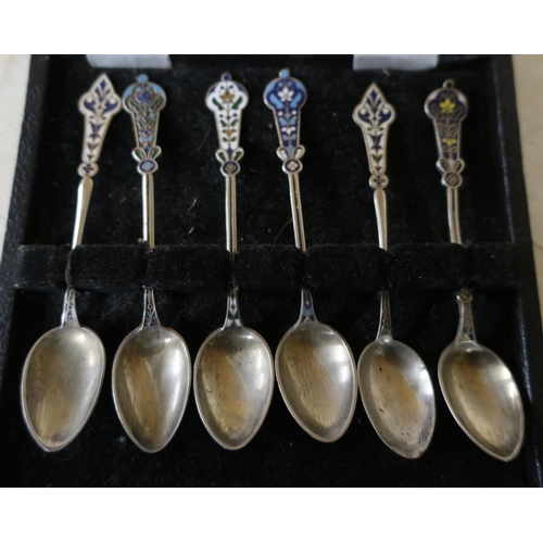 2 - Cased set of six similar silver and enamel spoons by Marius Hammer, stamped 830