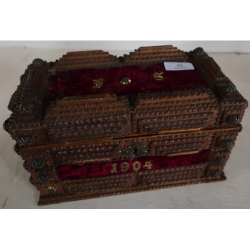 20 - Unusual folk art wooden casket with hinged top and mirrored interior, with inset 1904 date (28cm x 1... 