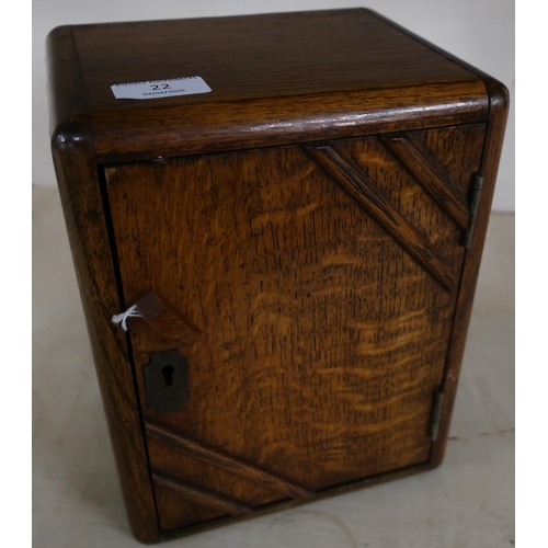 22 - Small Art Deco oak table top smokers type cabinet with hinged door and fitted interior (20cm x 15cm ... 