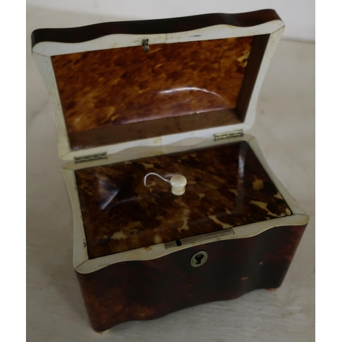 26 - Early 19th C tortoiseshell tea caddy, with hinged lid and lift out inner cover, with turned ivory fi... 